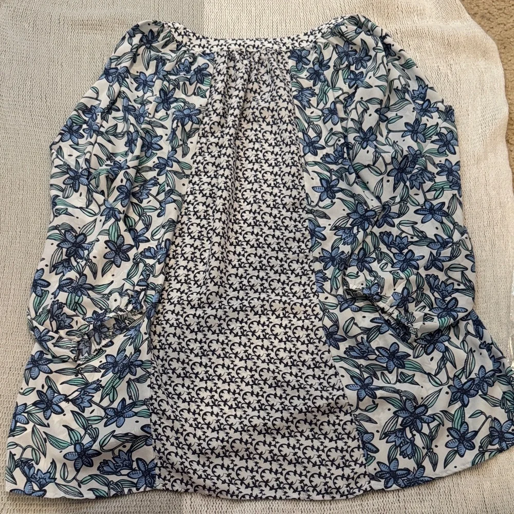 Dalia Blue White Floral Tunic Blouse XL Tassel Tie Lightweight